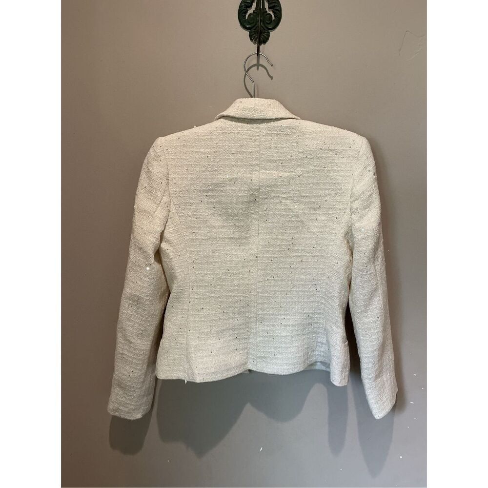 Zara Women's Cream Textured Cotton Fitted Jacket w/Silver Sequin Appliqués - Picture 6 of 7